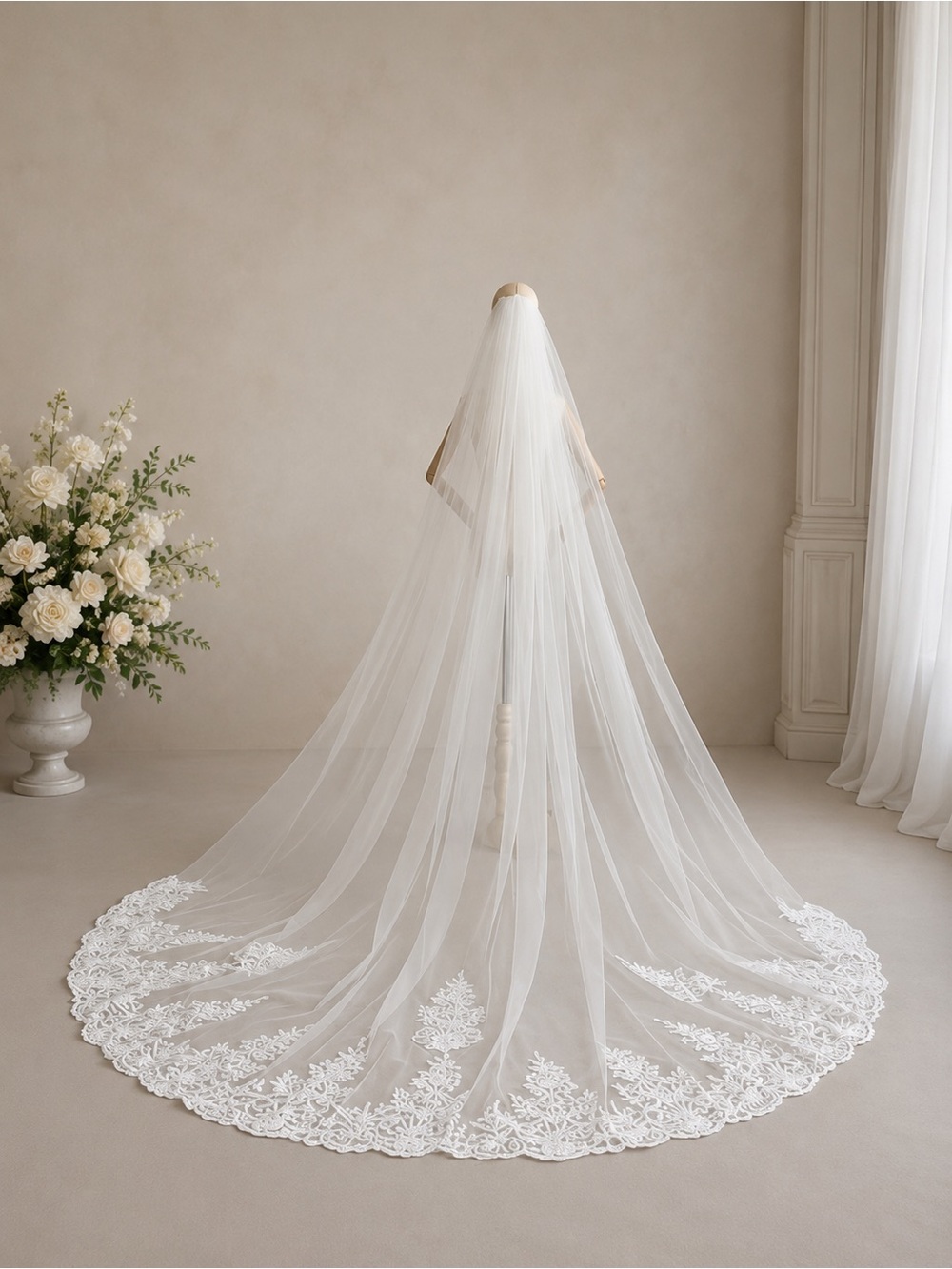 Elegant White Lace-Edged Cathedral Wedding Veil - Single Tier